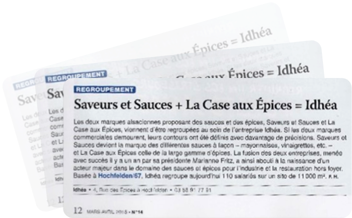 article de journal portant sur le regroupement de Saveurs et sauces et La case aux épices